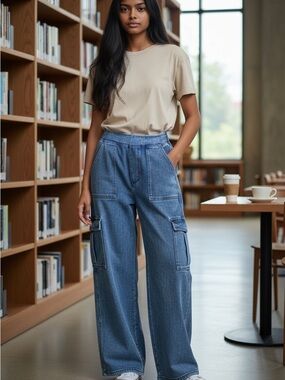 NWT Halara Women’s S Petite High Waist Wide Leg Cargo Jeans Stretch Blue